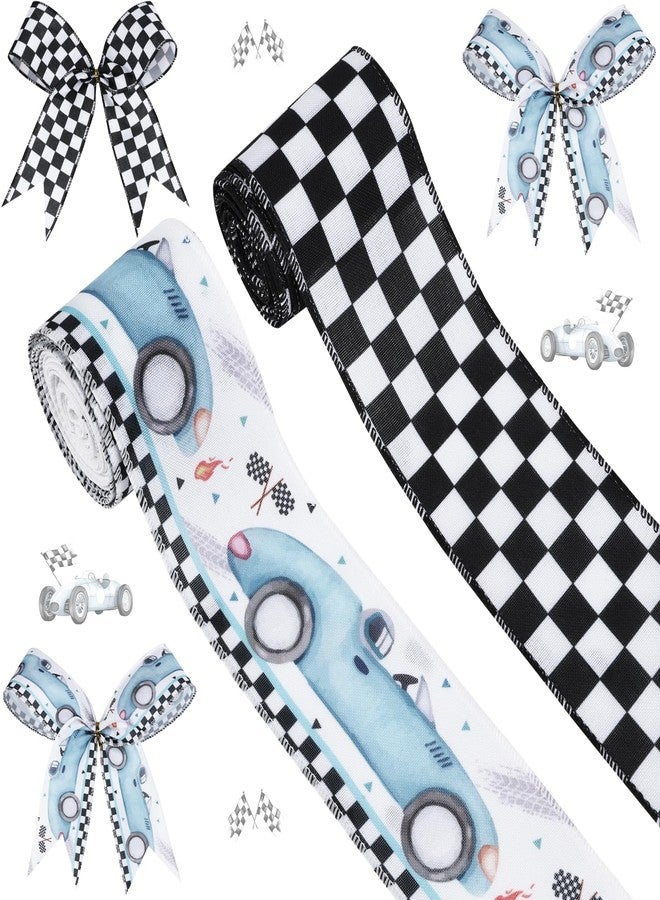 Cheerupp 2 Rolls Race Car Wired Edge Ribbons 2.5 Inch, 10 Yards Craft Ribbons for Wreath Hair Bow Wrapping Gifts Packing, Black Checkered Birthday Wedding Gender Reveal Party Home Accessory Decor - Image 1